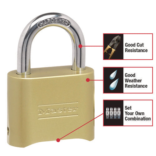 Resettable Combination Padlock, 2" Wide, Brass