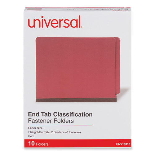 Red Pressboard End Tab Classification Folders, 2" Expansion, 2 Dividers, 6 Fasteners, Letter Size, Red Exterior, 10/box