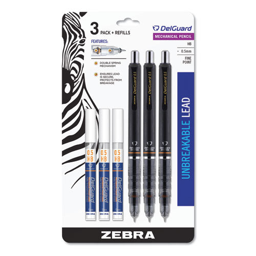 Delguard Mechanical Pencil, 0.5 Mm, Hb (#2), Black Lead, Black Barrel, 3/pack